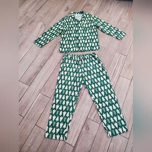 Hanna Andersson men women 100% cotton green cream pine tree flannel pajama set M